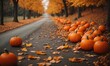 Fall background with orange pumpkins and fall leaves on side road