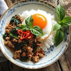 Wall Mural - Pad Krapow Moo Saap: Thai Basil Pork with Fried Egg