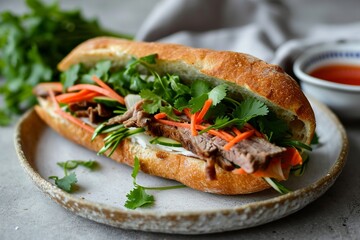 Wall Mural - Banh Mi: Flavorful Vietnamese Meat and Veggie Baguette

