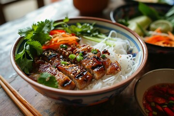 Wall Mural - Bun Cha: Grilled Pork Over Rice Vermicelli in Vietnamese Style