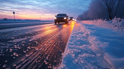 Wall Mural - a car driving down a snow covered road. suitable for winter driving safety tips