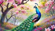 painting style illustration beautiful peacock in cherry blossom flower garden generative ai