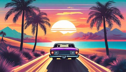 Wall Mural - summer vibes 80s style illustration with car driving into sunset generative ai