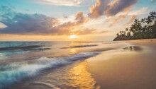 Closeup Sea Waves Sand Beach Panoramic Beach Landscape Inspire Tropical Coast Seascape Horizon Stunning Sunset Sunlight Colors Tranquil Peaceful Sky Calm Water Happy Positive Vacation Travel Mood