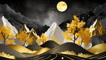 Wall Mural - 3d modern art mural wallpaper night landscape with colorful mountains dark black background with golden moon golden trees and gold waves