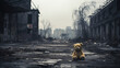 Teddy bear left behind in a Forgotten Playground, Convey the melancholic beauty of an abandoned cityscape.