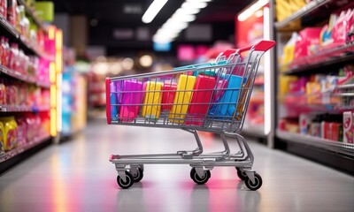 Shopping cart with neon colorful can be viewed in modern stores with copy space 