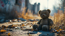Teddy Bear Left Behind In A Forgotten Playground, Convey The Melancholic Beauty Of An Abandoned Cityscape.