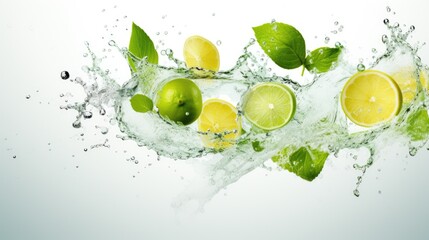 Poster - Lemons and limes being dropped into a glass of water, creating a refreshing and vibrant image. Ideal for use in health and wellness blogs, recipe websites, or summer-themed promotional materials