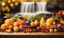Fruit And Food Decorations With Defocused Waterfall Background