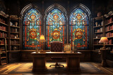 A 3D stained glass wall pattern in a historical study with a mahogany desk and bookshelves. 8k,