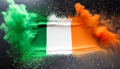 Wall Mural - colorful irish tricolour flag in green white orange color holi paint powder explosion isolated background ireland europe celebration soccer fans travel tourism concept