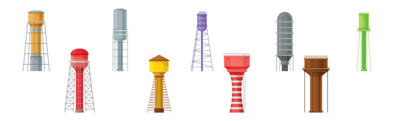 Sticker - Tall Water Tower with Metal Tank for Liquid Storage Vector Set