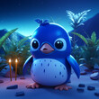 Pinguim azul fofo na praia durante a noite - Ilustração infantil 3D