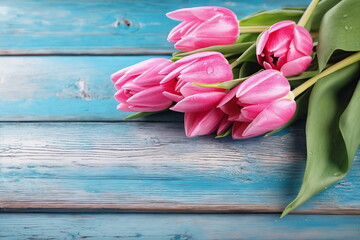 Spring top view 8 march women s bouquet. May flowers wood background. Tulips bunch flatlay Mothers day. Copy space rustic board Floral gift photo Art love mom card frame. Green leaf. Flat lay on table