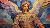 Fototapeta  - Painting of Christian angel with armor and colorful wings