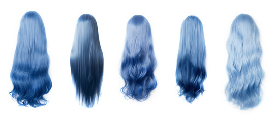 Wall Mural - Blue hair set isolated on a white background - various styles, lengths, shades. Glamour woman hair