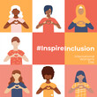 #InspireInclusion. Banner International Women's Day. Women of different ethnicities together. March 8. Faceless vector illustration.