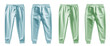 2 Set of pastel green turquoise blue, front back view sweatpants jogger sports trousers bottom pants on transparent background, PNG file. Mockup template for artwork design