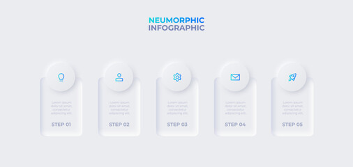 Concept of 5 stages of strategy development. Infographic design template in neumorphic style