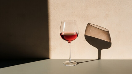 A glass of red wine and the shadow it casts on the wall in a minimalist composition
