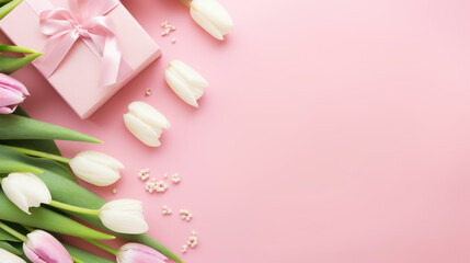 Wall Mural - Gift box with a satin ribbon surrounded by pink tulips and delicate petal decorations on a pastel pink background