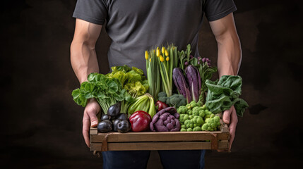 Poster - Farmer holding a wooden crate filled with an assortment of leafy green vegetables