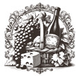 Highly detailed vector illustration of a wine bottle, cheese and a basket of grapes