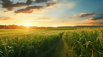 Poster - Cornfield during sunset, with the sunlight casting a golden glow over the crops and a beautiful sky in the background.