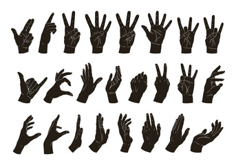 Wall Mural - Human hands silhouettes. Cartoon hand palms gestures, heart, peace, okay and call position. Gesture signs flat vector illustration set. Hands poses silhouette collection