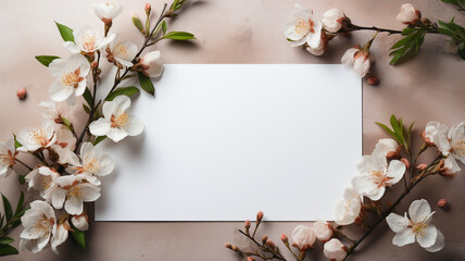 Wall Mural - White card on beige background. Blooming apple tree branches around Background for congratulations. Banner mockup for Women's Day