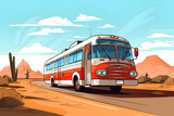 Fototapeta Londyn - An old bright tourist bus on the road in the desert.