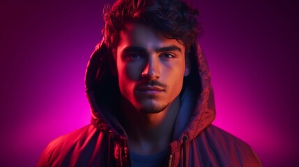 Wall Mural - Portrait of Latina young man posing isolated on gradient purple pink background in neon light