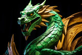 Fototapeta Konie - green dragon in the night. The head of a green wooden dragon, the symbol of the year 2024.