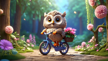 Cute Cartoon Owl On A Bicycle In The Summer Park Flowers