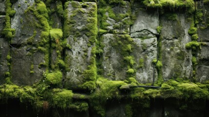 Canvas Print -  a moss covered rock wall next to a body of water with a boat in the water in front of it.