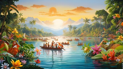Wall Mural - Boats on a lake in the tropics