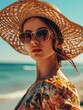 © shooreeq - young fantastic looking woman model posing at the sunny sand beach in sunglasses and big hat