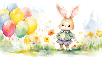 Wall Mural - Springtime Bunny with Colorful Balloons Watercolor Painting