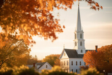 Small Town American Church, White Clapboard, Classic Steeple, Surrounded By Fall Foliage