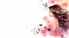 Beautiful Woman With Long Hair, Watercolor Illustration. Copy Space. Happy Woman's Day Banner.