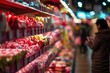 A grocery aisle filled with Valentine's Day gifts, predominantly red, with a shallow depth of field focusing on the nearest items