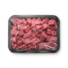 a image of a black plastic tray of diced meet isolated on a white background