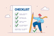 Achievement concept. Checklist for work completion, review plan, business strategy or todo list for responsibility, confident businessman standing with pencil after completed all tasks checklist.