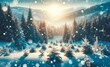 Winter landscape with snowy fir trees in the mountains. Christmas background