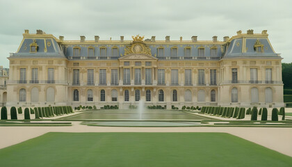 Wall Mural - Garden and facade of the palace of versailles. Beautiful gardens outdoors near Paris, France. The Palace Versailles was a royal chateau and was added to the UNESCO list. 