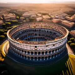 Wall Mural - Incredible aerial shot of the Roman Colosseum, high contrast, stunning sunrise light casting long shadows, intricate detailing of the ancient ruins