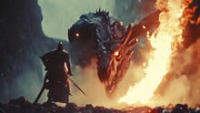 A Knight Facing A Huge Fire Breathing Dragon Close-up Battle Animation