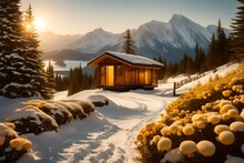 Golden Glow Hut With Golden-hued Flowers And Small Evergreen Shrubs Line The Path, Leading To A Serene Sitting Area With Golden Accents, Radiating Warmth In The Wintry Landscape