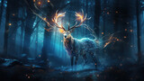 Silver glowing magical stag in dark forest